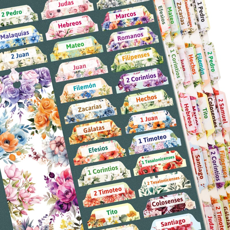 Ceiba Tree 100Pcs Spanish Bible Tabs Floral Design Laminated New and Old Testament Index Tabs for Chapters Journaling Accessories PestaÃ±as Separadores de la Biblia en espaÃ±ol Women Men Study Supplies - Image 1