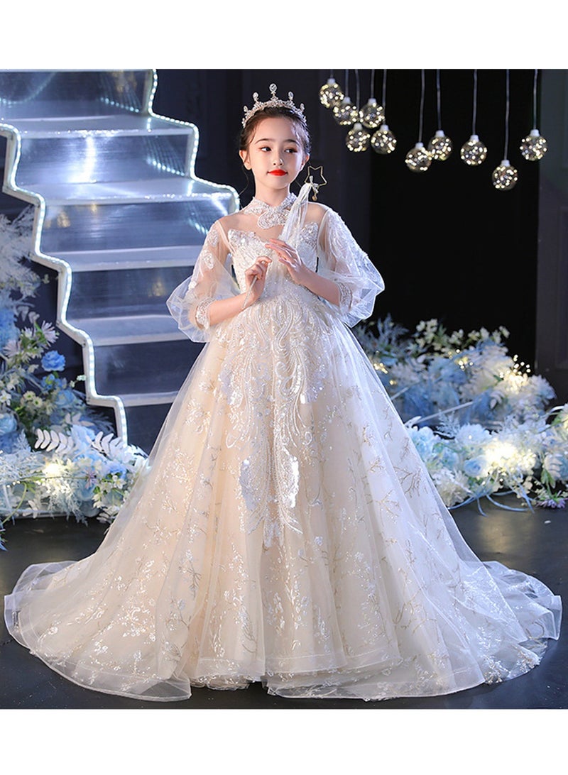 Children's evening dress princess dress girl white tail host flower girl wedding dress piano performance costume - Image 4