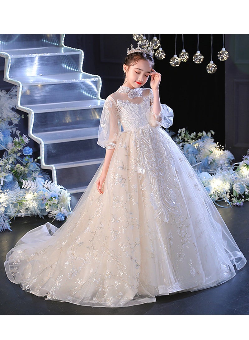 Children's evening dress princess dress girl white tail host flower girl wedding dress piano performance costume - Image 5