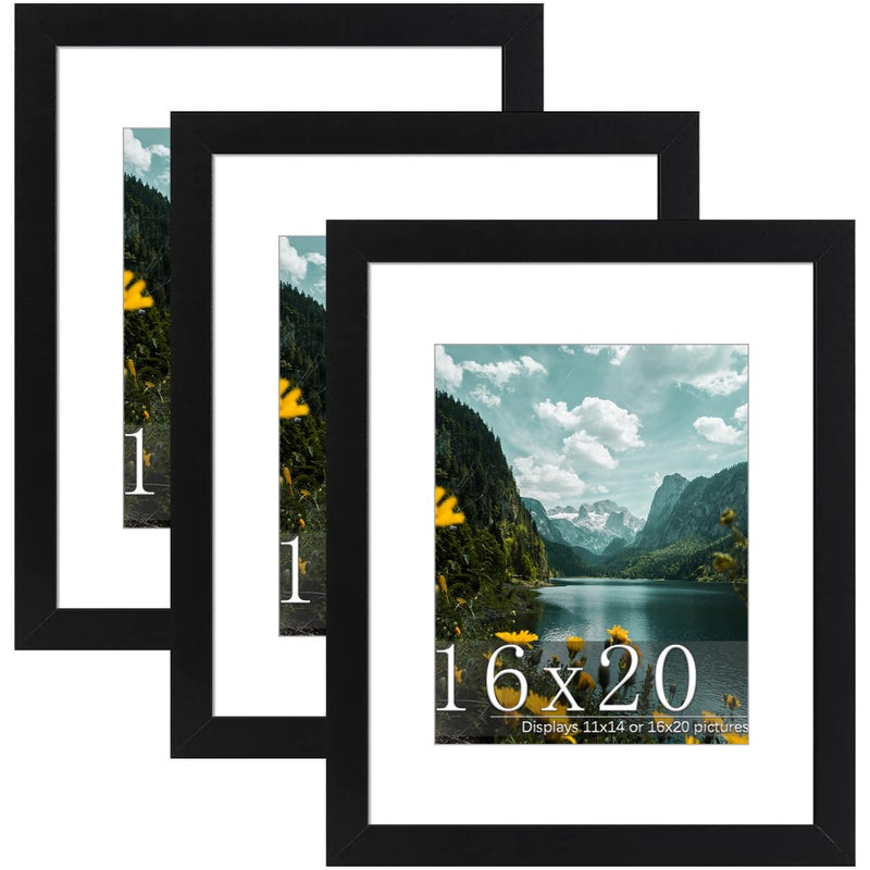 Picrit 16x20 Picture Frame 3 Pack Black Poster Frame Display Poster 11 x 14 with Mat or 16 x 20 without Mat for Horizontal or Vertical Wall Mounting