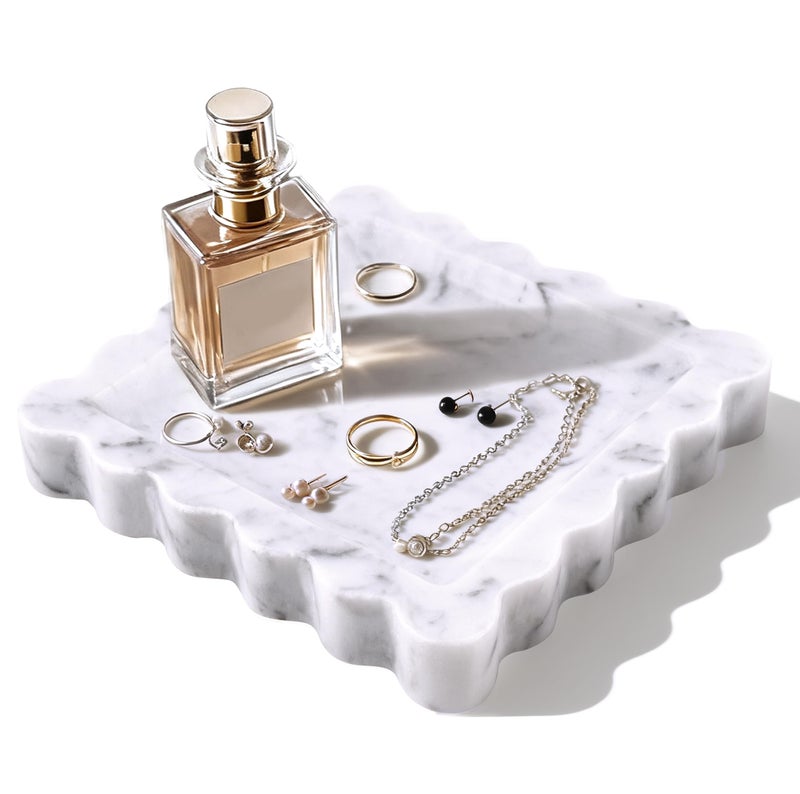 GUBEARE Square Marble Decorative Tray with Scalloped Edge,Natural Marble Stone Tray for Jewelry Candle Lotion - Image 1
