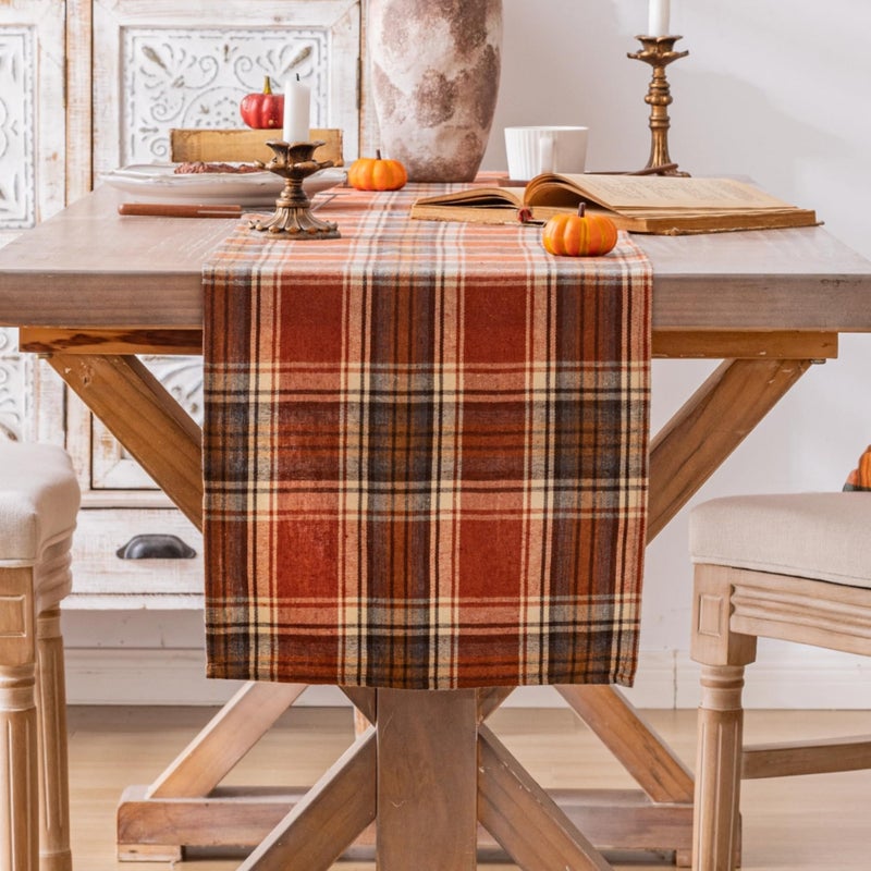 AQOTHES Plaid Fall Thanksgiving Table Runner, Autumn Holiday Rust Orange Table Runners 72 inches Long, Harvest Decorations Farmhouse Home Kitchen Dining Party Decor - Image 1