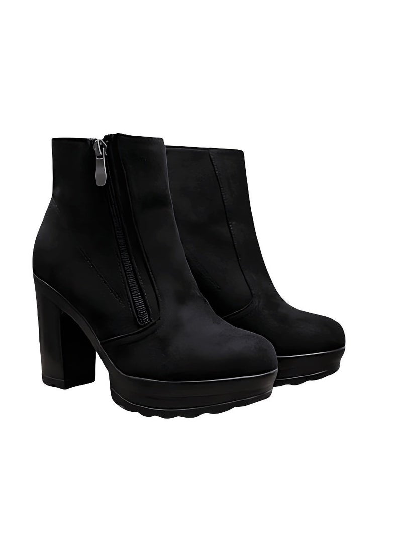 Women's Black Textured Ankle Boots - Chunky High Heel and Side Zipper - Size 37 (Small Fit)