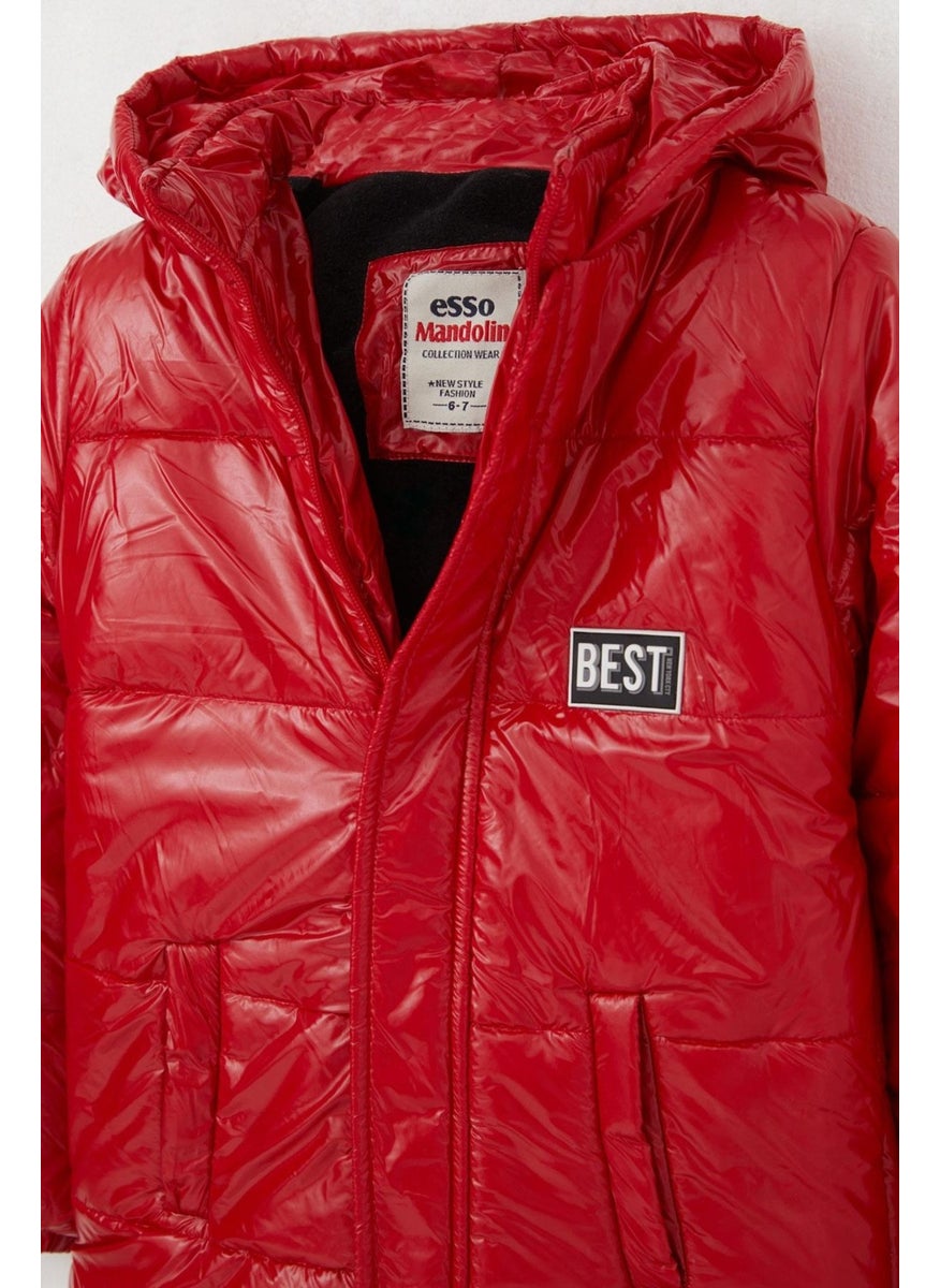 Esso Mandolin Boy's Coat Embroidered Hooded Zippered 6-10 Years, Red  - Image 4