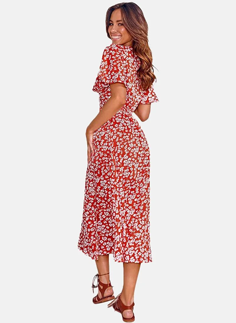 يونيكي Red Floral Print Flared Sleeve Midi Dress