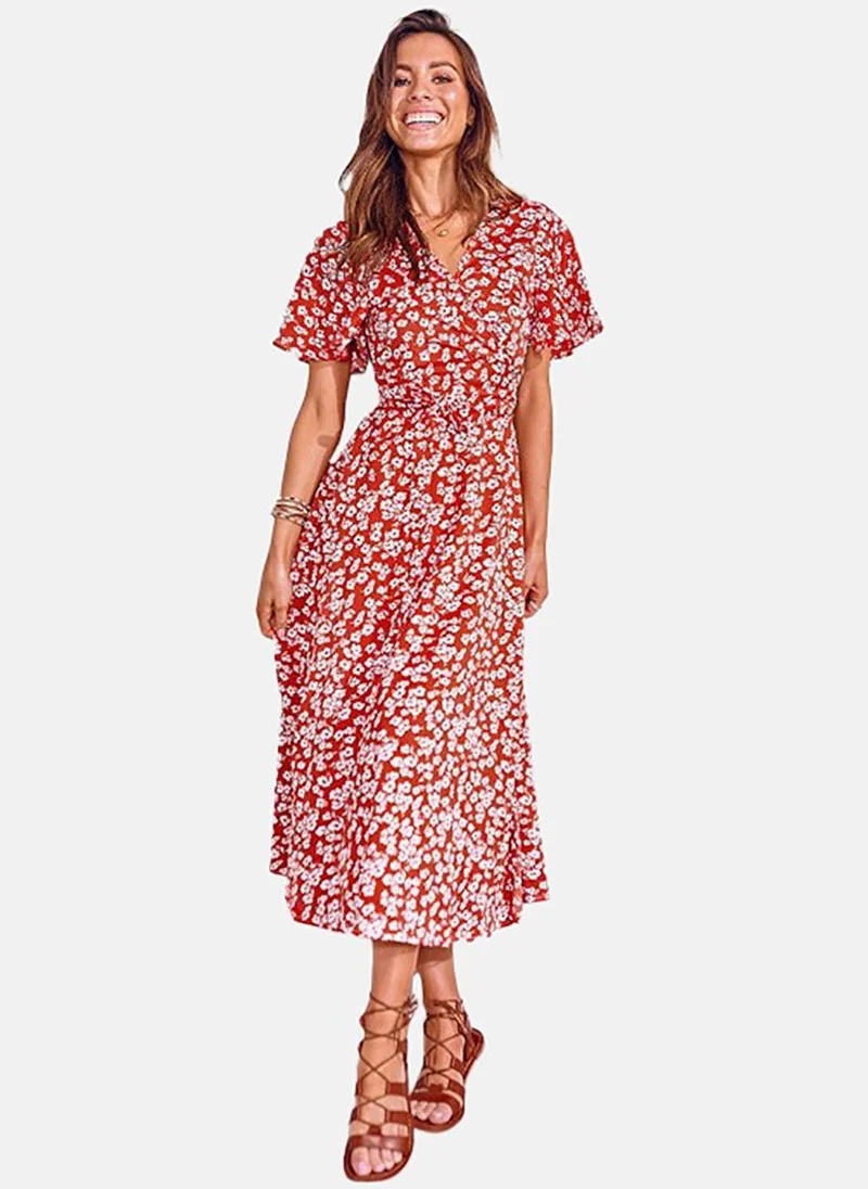 يونيكي Red Floral Print Flared Sleeve Midi Dress
