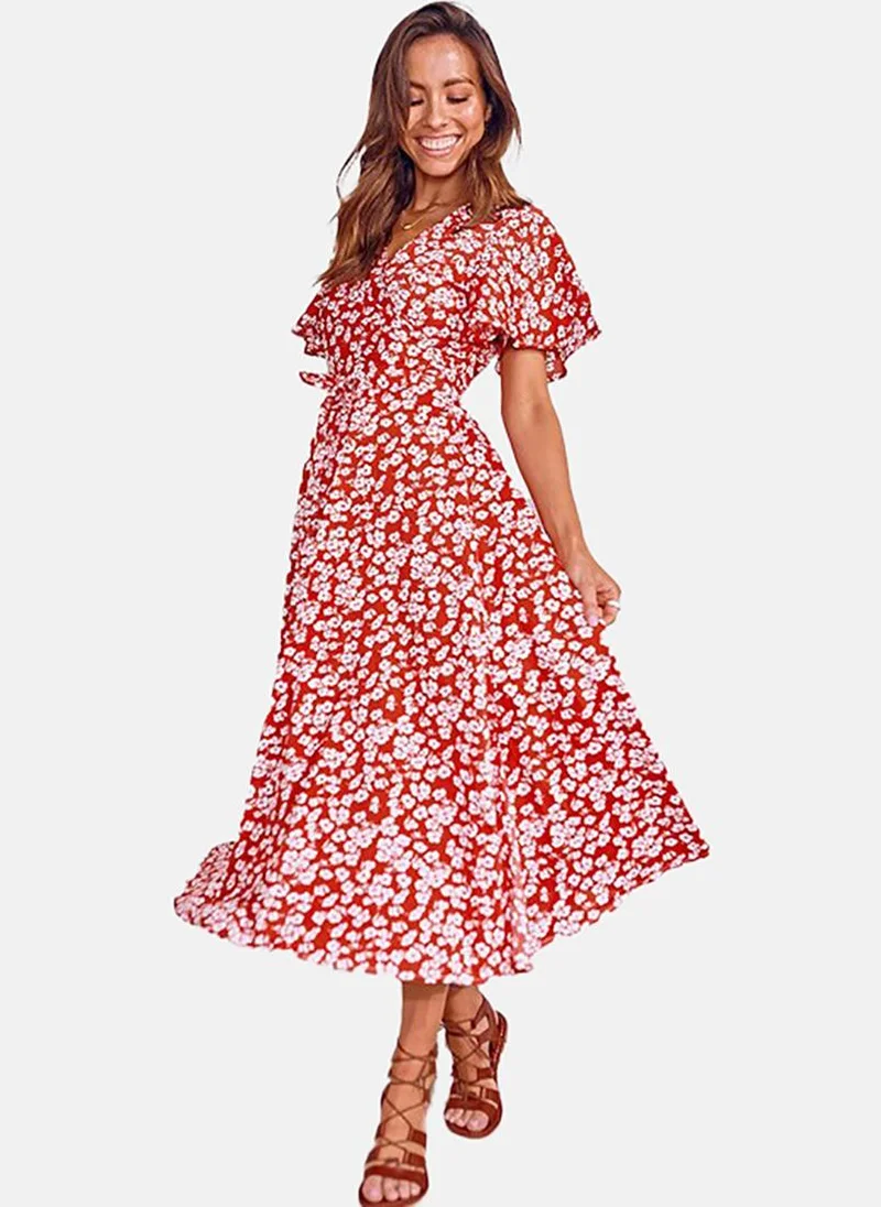 يونيكي Red Floral Print Flared Sleeve Midi Dress