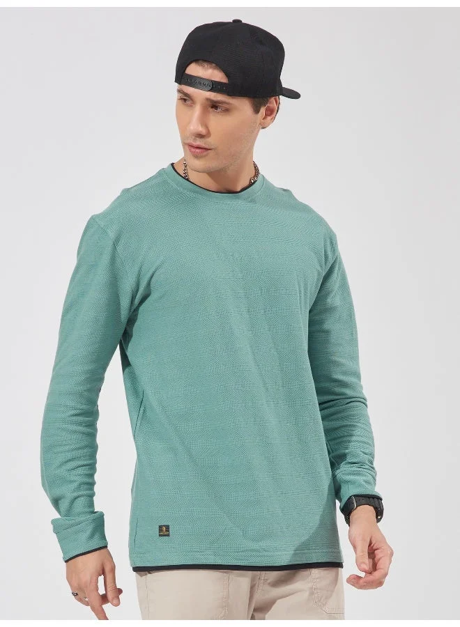 Maniac  Maniac Mens Solid Round Neck Full Sleeve Barley Green Cotton Slim Fit T-Shirt for Men | Best Price UAE