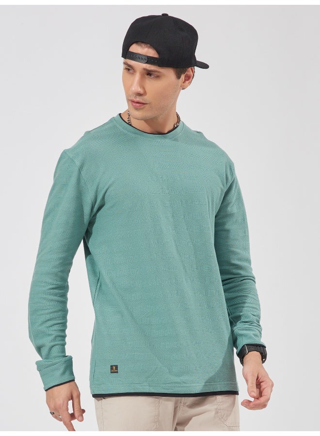 Maniac Mens Solid Round Neck Full Sleeve Barley Green Cotton Slim Fit T-Shirt - Image 3
