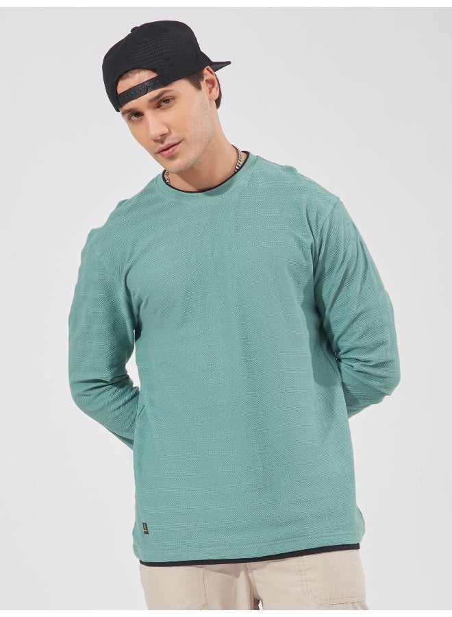 Maniac Mens Solid Round Neck Full Sleeve Barley Green Cotton Slim Fit T-Shirt - Image 1