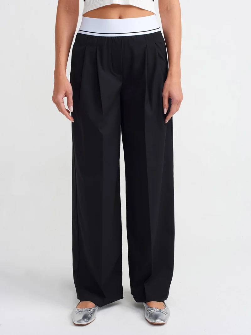 ديلفين 71306 Elastic Waisted Wide Leg Tailored Trousers-Black