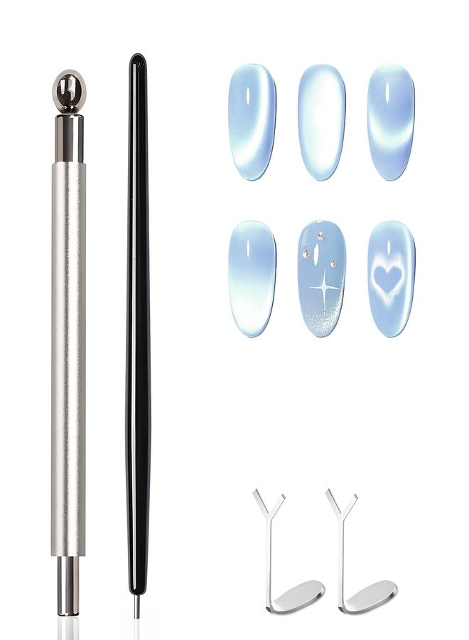 uadbau 4-Piece Cat Eye Magnet Set - Silver Dual-Ended Nail Magnet With Round Bead, Heart Nail Magnets for Nail Art, and Black Magnetic Bead-Pickup Pen, Magnet for Cat Eye Gel Polish DIY Nail Designs - Image 1