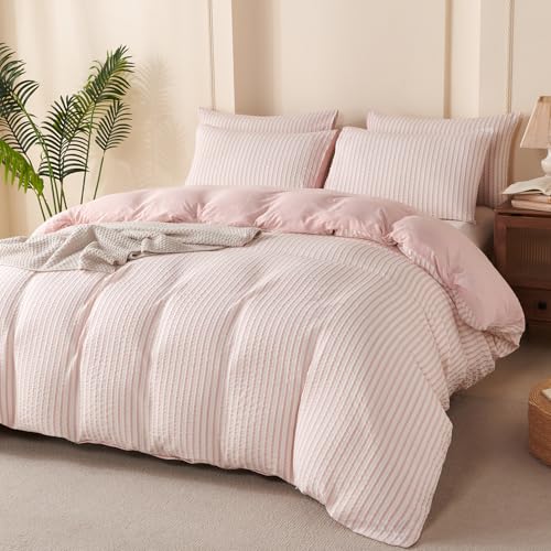 TISPLR Striped Duvet Cover Set King Pink Washed Microfiber Jacquard 3 Pieces Bedding Set, White Pink Vertical Ticking Stripes Pattern Comforter Cover with Zipper Closure Breathable Durable Soft Comfy - Image 5
