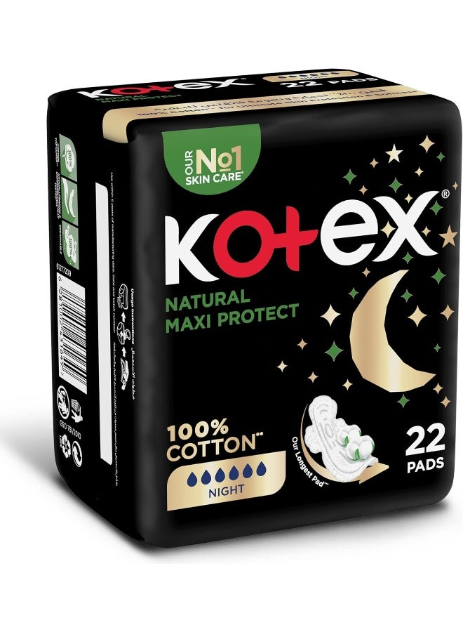 Kotex وسادات ماكسي الطبيعية السميكة، وسادة قطن 100%، حماية ليلية مع أجنحة، 22 - Image 2