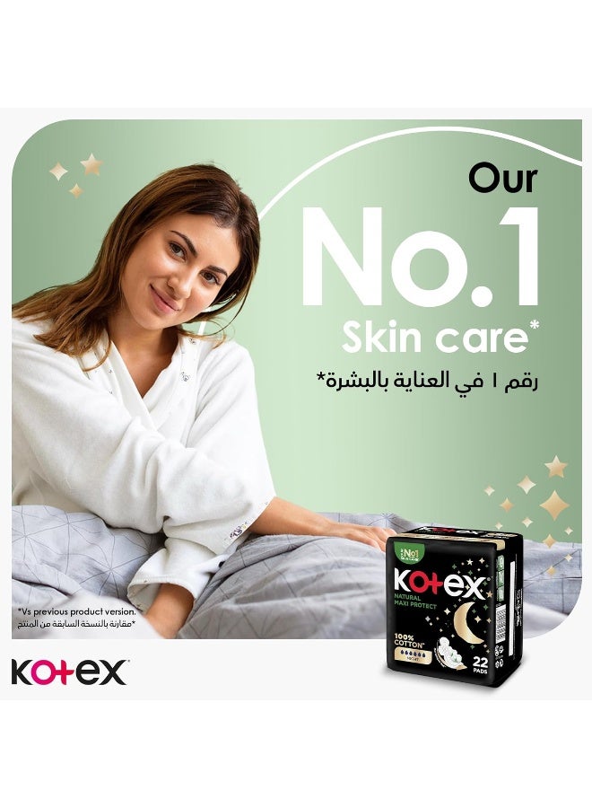Kotex وسادات ماكسي الطبيعية السميكة، وسادة قطن 100%، حماية ليلية مع أجنحة، 22 - Image 3