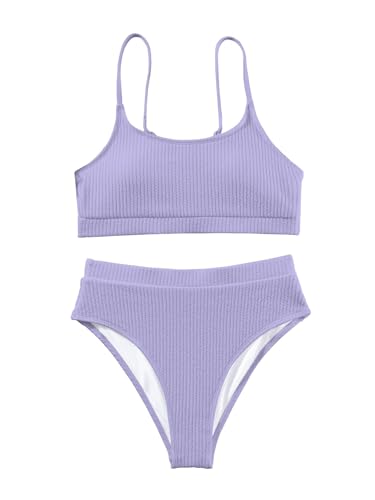 Lilosy High Waisted Tummy Control Bikini Ribbed Sporty Brazilian Swimsuit Set Women Highwaisted Cheeky Cut Leg Rise Bottom Crop Push Up Top 2 Piece Bathing Suit Light Purple Medium - Image 3