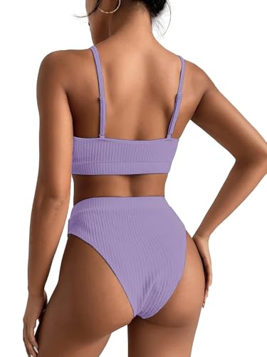 Lilosy High Waisted Tummy Control Bikini Ribbed Sporty Brazilian Swimsuit Set Women Highwaisted Cheeky Cut Leg Rise Bottom Crop Push Up Top 2 Piece Bathing Suit Light Purple Medium - Image 2