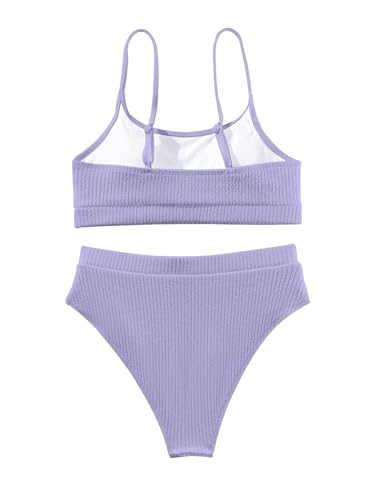 Lilosy High Waisted Tummy Control Bikini Ribbed Sporty Brazilian Swimsuit Set Women Highwaisted Cheeky Cut Leg Rise Bottom Crop Push Up Top 2 Piece Bathing Suit Light Purple Medium - Image 4