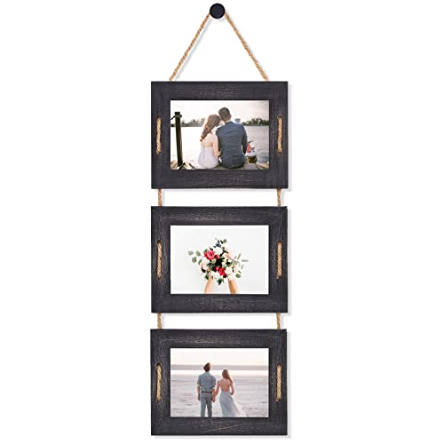 DLQuarts 5x7 Hanging Picture Frames Collage Wall Decor, 3-Opening Photo Frames 5x7 Without Mat & 3.5x5 with Mat, Rustic Wood 3-Frame, Weathered Black - Image 1