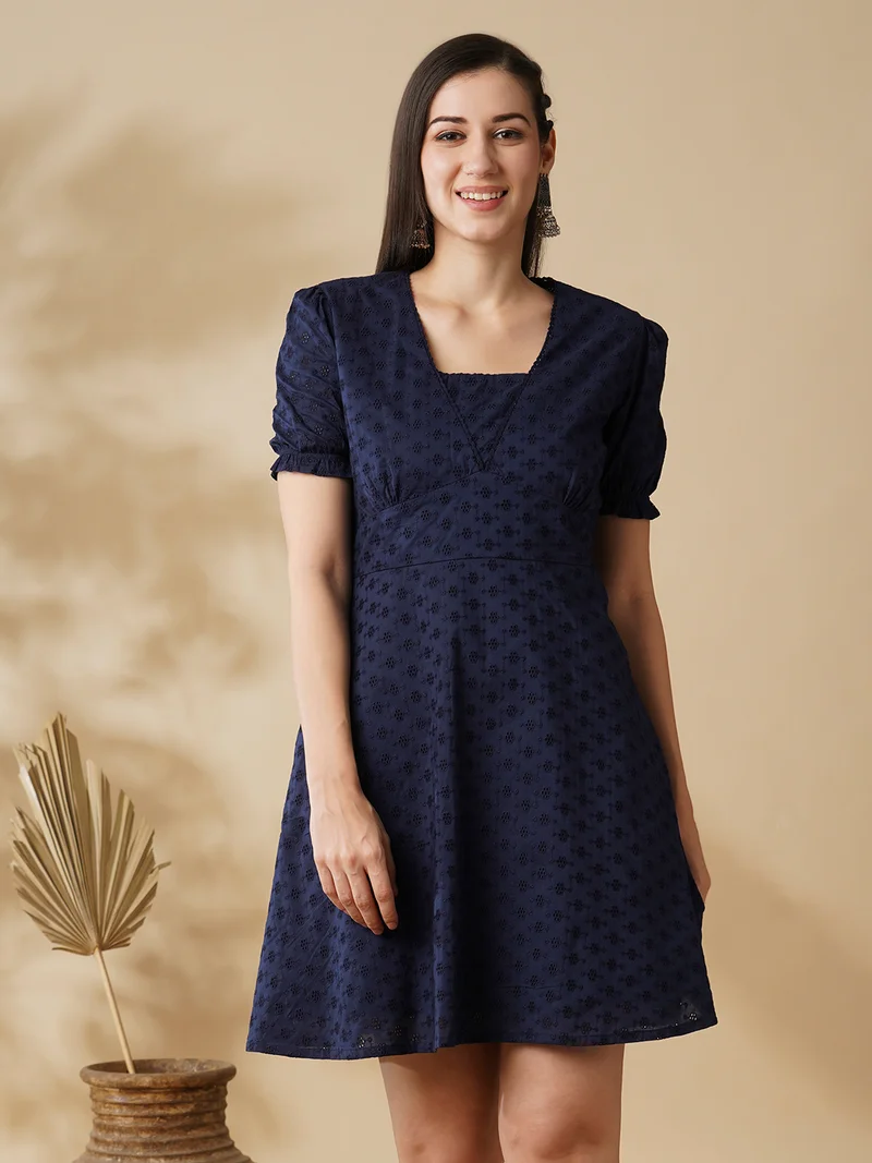 globus Women Navy Blue Self Design Square Neck Puff Sleeves Cotton Fit & Flared Dress