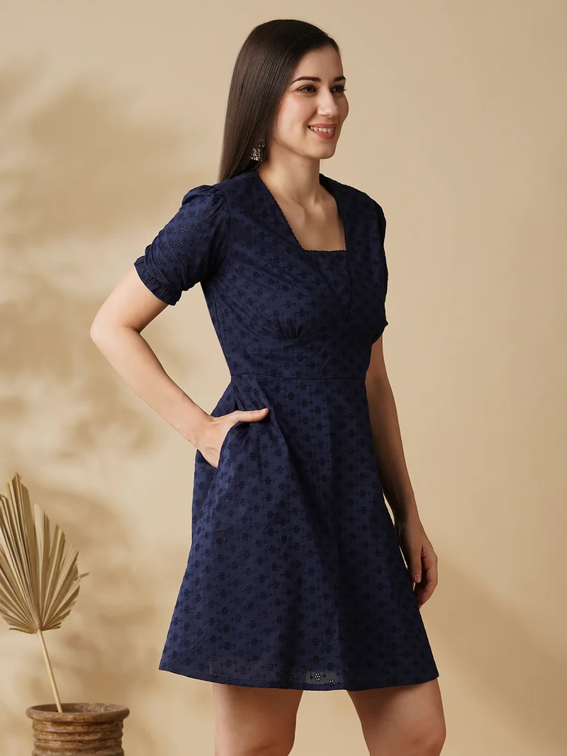 globus Women Navy Blue Self Design Square Neck Puff Sleeves Cotton Fit & Flared Dress