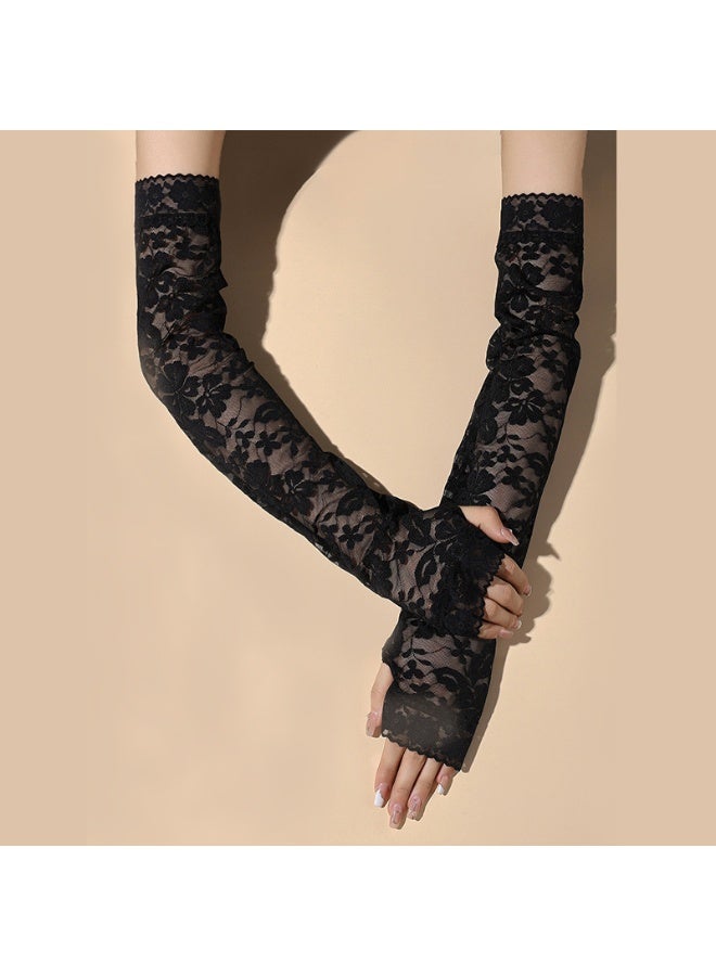 MUMO Women Fingerless Lace Gloves Elbow Length Long Ice Silk Hollow Print UV Protection Arm Sleeves Sun Protection for Wedding Prom Evening Cosplay Bridal Dance (Black) - Image 2