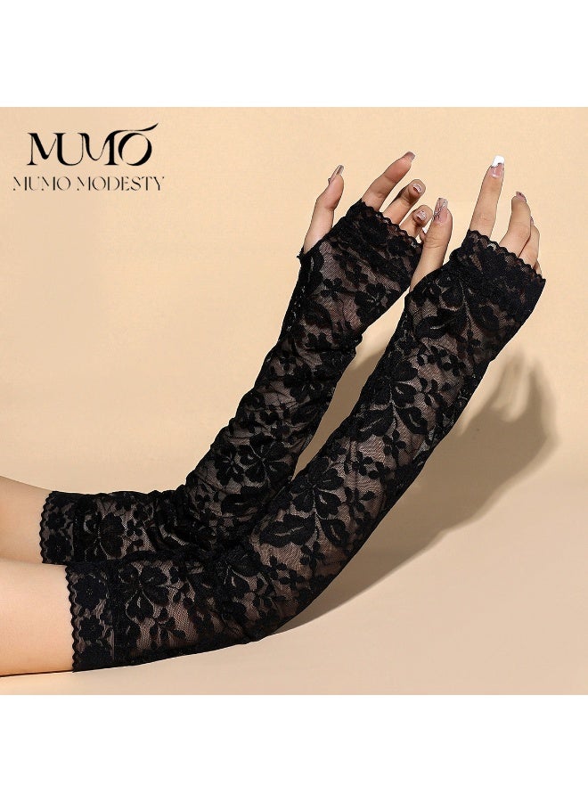 MUMO Women Fingerless Lace Gloves Elbow Length Long Ice Silk Hollow Print UV Protection Arm Sleeves Sun Protection for Wedding Prom Evening Cosplay Bridal Dance (Black) - Image 1