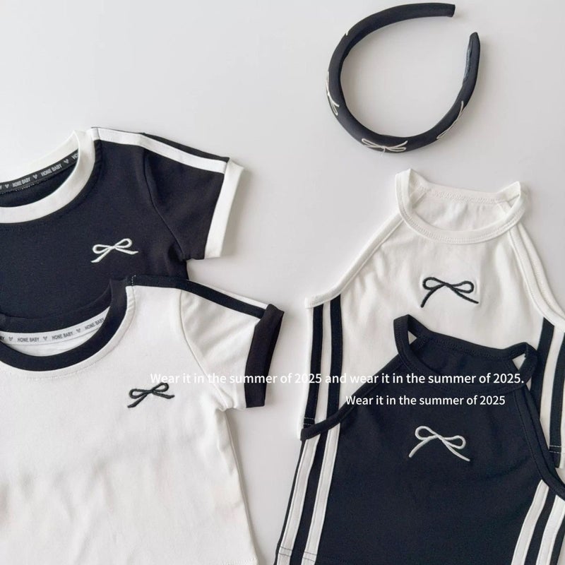 Girls' Summer Short-Sleeved T-Shirt Baby Stylish Children'S Personality Trendy Bow Embroidered Striped Color-Block Vest Sling - Image 4