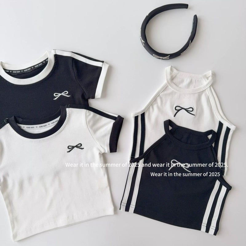Girls' Summer Short-Sleeved T-Shirt Baby Stylish Children'S Personality Trendy Bow Embroidered Striped Color-Block Vest Sling - Image 2