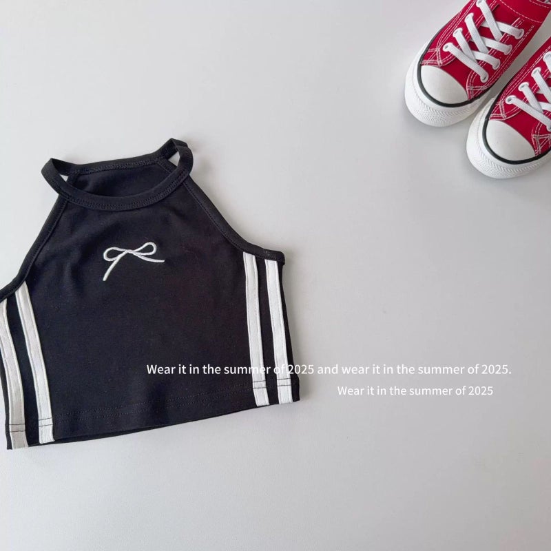 Girls' Summer Short-Sleeved T-Shirt Baby Stylish Children'S Personality Trendy Bow Embroidered Striped Color-Block Vest Sling - Image 1