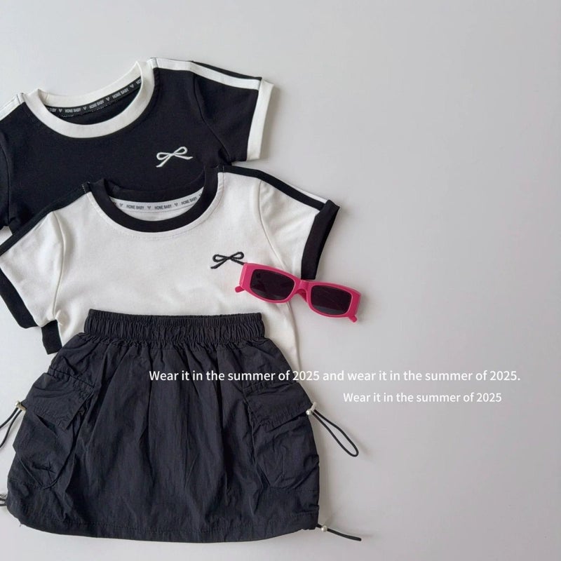 Girls' Summer Short-Sleeved T-Shirt Baby Stylish Children'S Personality Trendy Bow Embroidered Striped Color-Block Vest Sling - Image 3