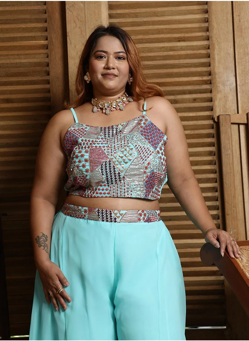 Instafab Plus Women's Sky Blue Block Flared Co-Ord Set