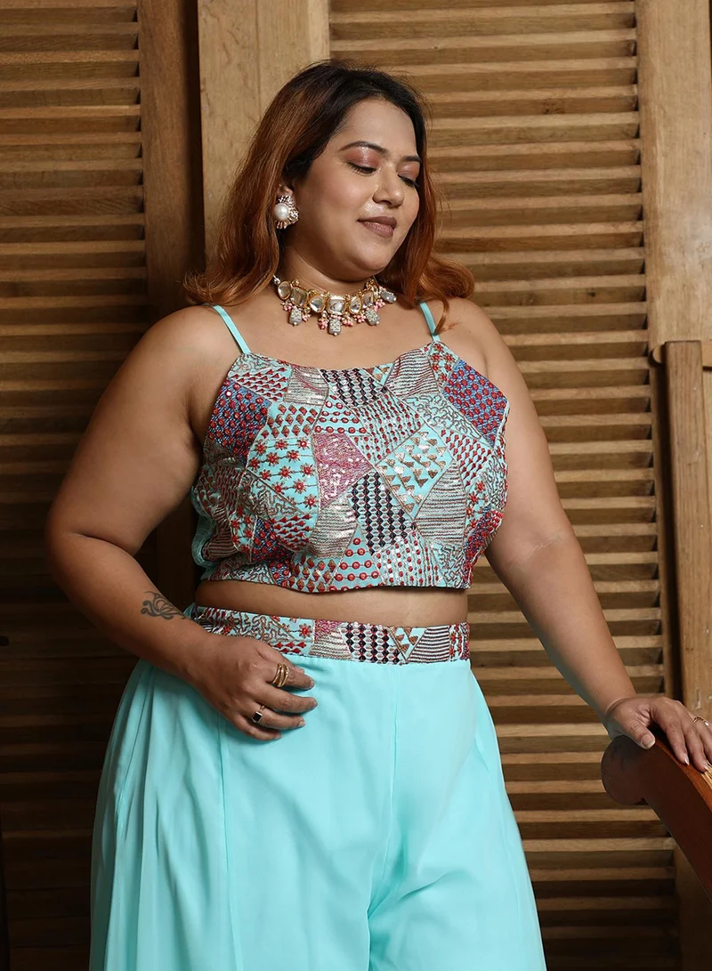 Instafab Plus Women's Sky Blue Block Flared Co-Ord Set