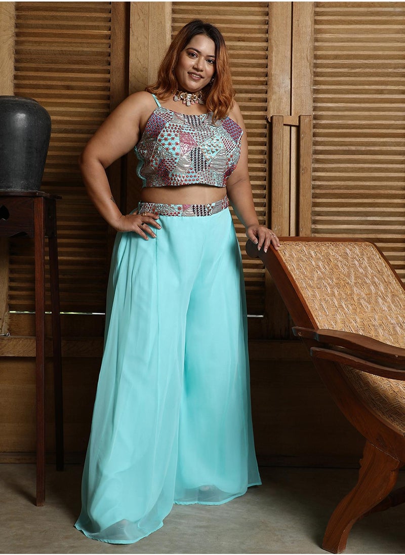 Instafab Plus - Women's Sky Blue Block Flared Co-Ord Set - Image 1