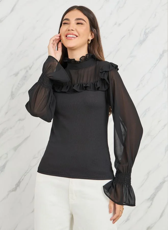 Styli Ruffle High Neck Flute Sleeves Top