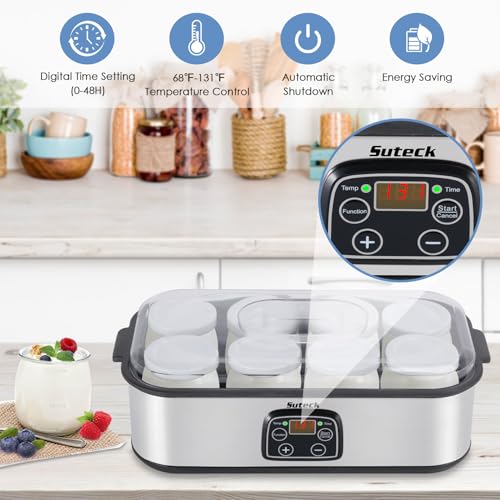 Suteck Yogurt Maker Automatic Digital Yoghurt Maker Machine with 8 Glass Jars 48 Ozs (6Oz Each Jar) LCD Display with Constant Temperature Control Stainless Steel Design for Home Use - Image 4
