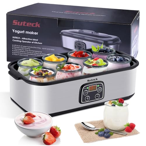 Suteck Yogurt Maker Automatic Digital Yoghurt Maker Machine with 8 Glass Jars 48 Ozs (6Oz Each Jar) LCD Display with Constant Temperature Control Stainless Steel Design for Home Use - Image 1