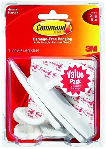 Command Large Utility Hook, White, 3-Hooks, 6-Strips (17003-3ES) - Image 1