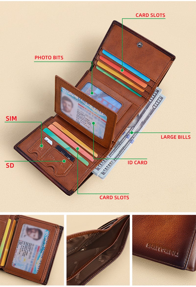 banyanu Men's Extra Large Capacity Tri-Fold Wallet - RFID Anti-Theft Genuine Leather Wallet (Black) - Image 2