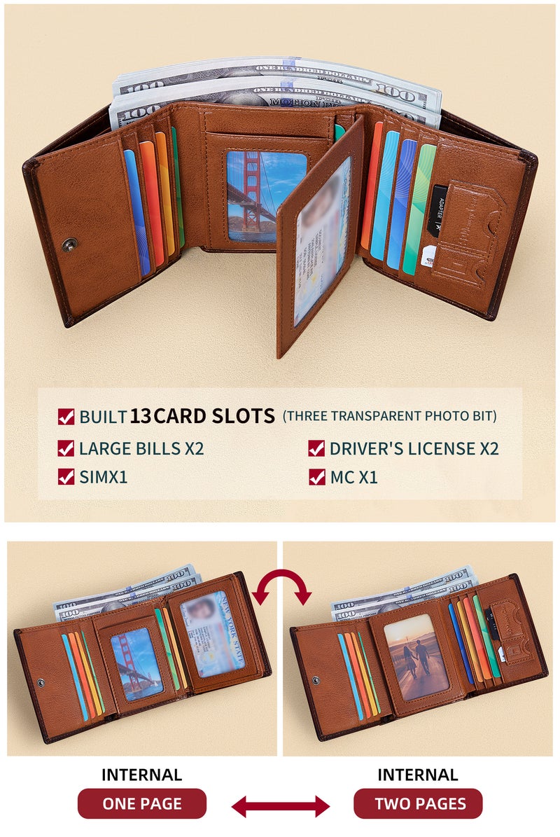 banyanu Men's Extra Large Capacity Tri-Fold Wallet - RFID Anti-Theft Genuine Leather Wallet (Black) - Image 3