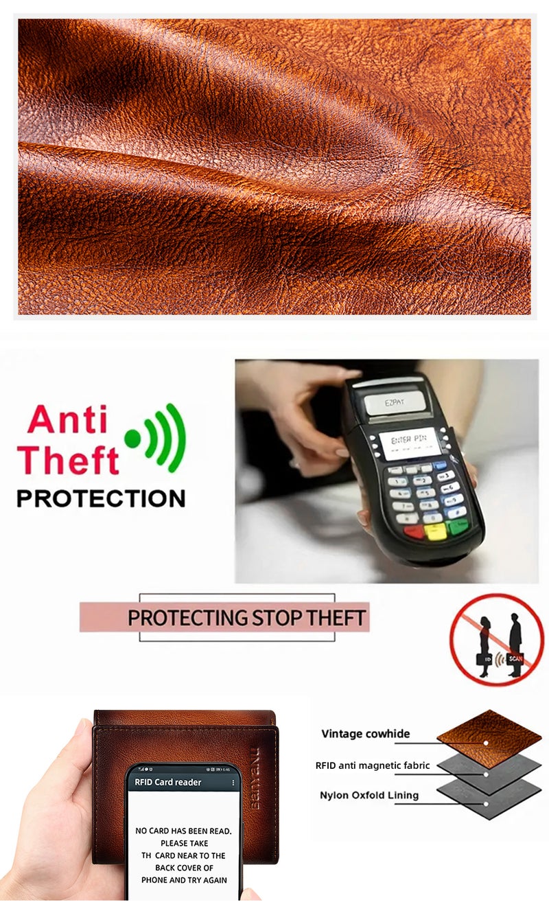 banyanu Men's Extra Large Capacity Tri-Fold Wallet - RFID Anti-Theft Genuine Leather Wallet (Black) - Image 4