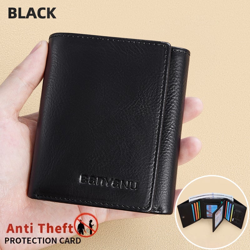 banyanu Men's Extra Large Capacity Tri-Fold Wallet - RFID Anti-Theft Genuine Leather Wallet (Black) - Image 1