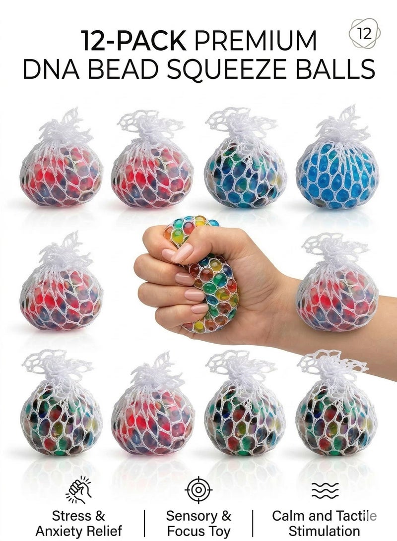 REZZOSS 12-Pack DNA Bead Stress Ball Fidget Toy for Kids & Adults – Colorful Mesh Squishy Squeeze Ball Set | Premium Sensory Toy for Anxiety Relief, Calm & Focus | Best Birthday Goodie Bag Fillers, Classroom Prizes, Eid & Christmas Gift for Toddlers - Image 2