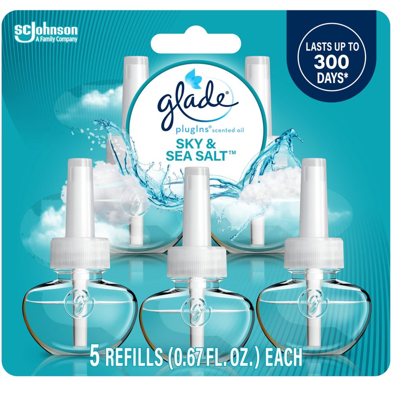 Glade PlugIns Refills Air Freshener, Scented and Essential Oils for Home and Bathroom, Sky & Sea Salt, 3.35 Fl Oz, 5 Count - Image 1