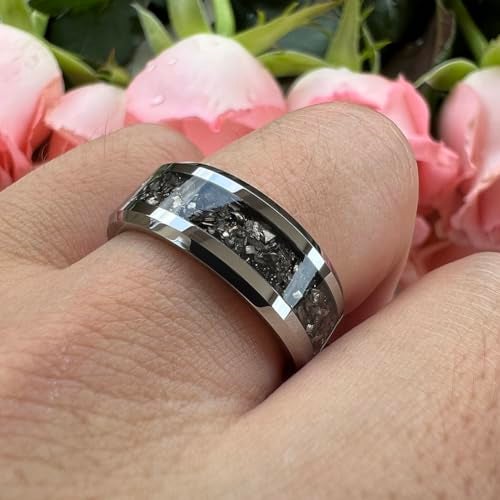 TUTISS 8mm Tungsten Rings for Men Women Meteorite Shavings Inlay Promise Engagement Wedding Bands Beveled Edges Polished Shiny Comfort Fit Size 7.5 - Image 5