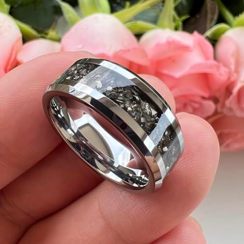 TUTISS 8mm Tungsten Rings for Men Women Meteorite Shavings Inlay Promise Engagement Wedding Bands Beveled Edges Polished Shiny Comfort Fit Size 7.5 - Image 2