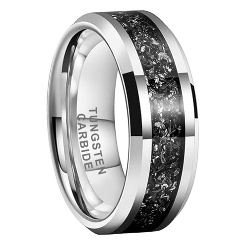 TUTISS 8mm Tungsten Rings for Men Women Meteorite Shavings Inlay Promise Engagement Wedding Bands Beveled Edges Polished Shiny Comfort Fit Size 7.5 - Image 1