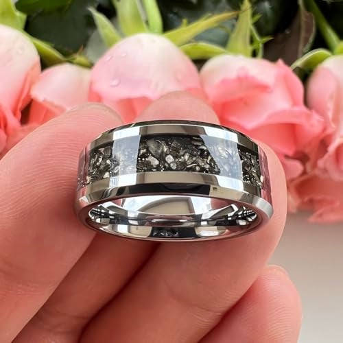 TUTISS 8mm Tungsten Rings for Men Women Meteorite Shavings Inlay Promise Engagement Wedding Bands Beveled Edges Polished Shiny Comfort Fit Size 7.5 - Image 3