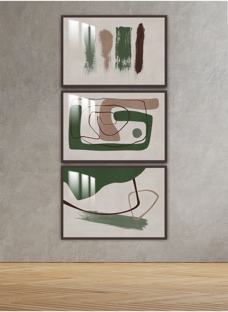 ماركتنا ثلاث لوحات جدارية150x70سم مع برواز بني وطبقة اكريلك شفاف بتصميم تجريدي  - Image 1