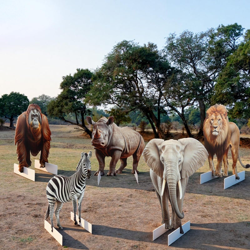 Leinuosen 5 Pcs Large Wildlife Safari Party Stand Decorations Set Africa Jungle Cardboard Cutouts Elephant Lion Zebra Rhino Gorilla Animal Decor Theme Birthday Camping Party Supplies for Photo Prop - Image 4